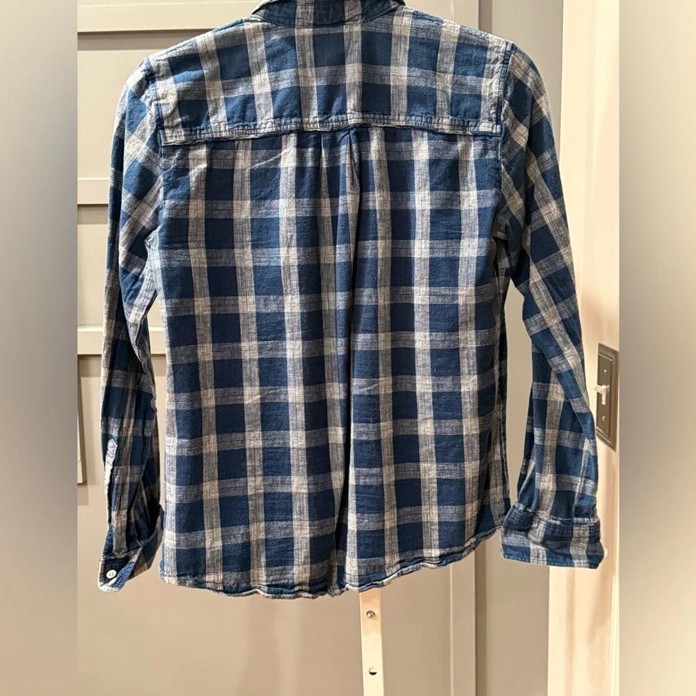 J. Crew Boy Fit Top Sz 4 Button Front Shirt Blouse Blue Check Plaid Cotton